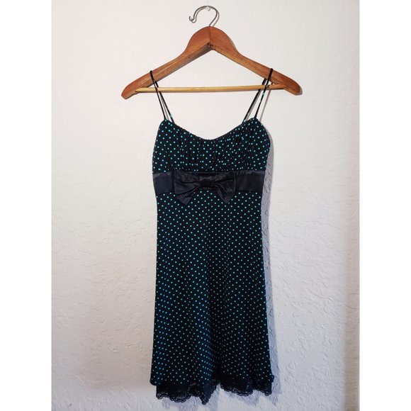 Rampage Dresses & Skirts - Rampage Black Teal Polka Dot Lace Dress Bow